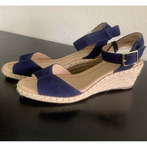 NEW Lands' End Reese Blue Leather Wedge Sandal Size 8.5 Open Toe Espadrille